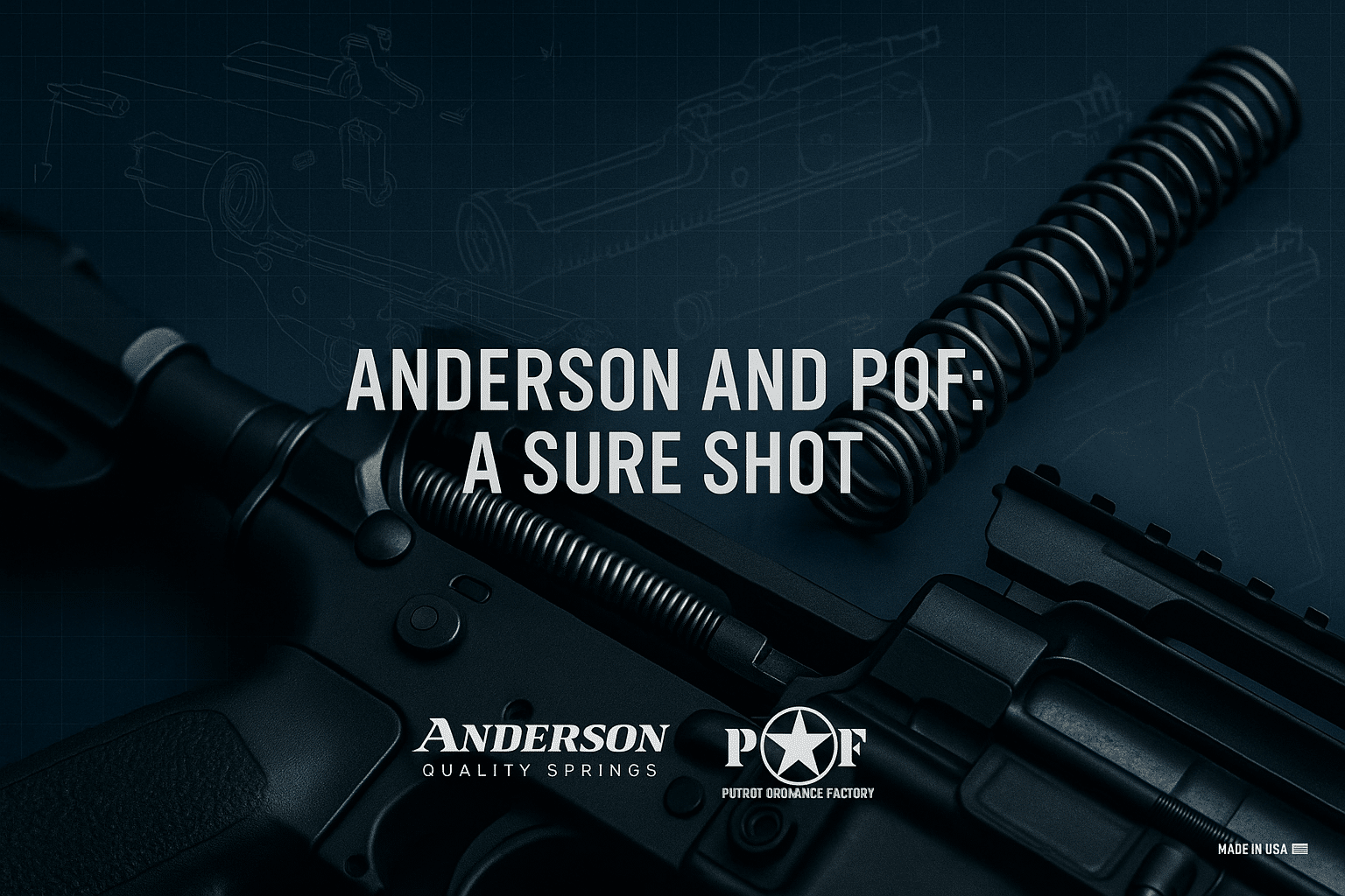 A tactical firearm appears against a schematic background with the Anderson Springs and POF logos
